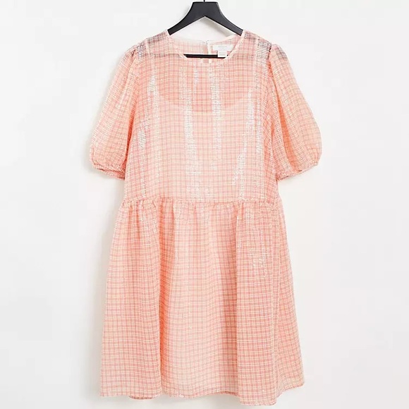 Collective the label Dresses & Skirts - Peach Gingham Mini Dress with Puff Sleeves